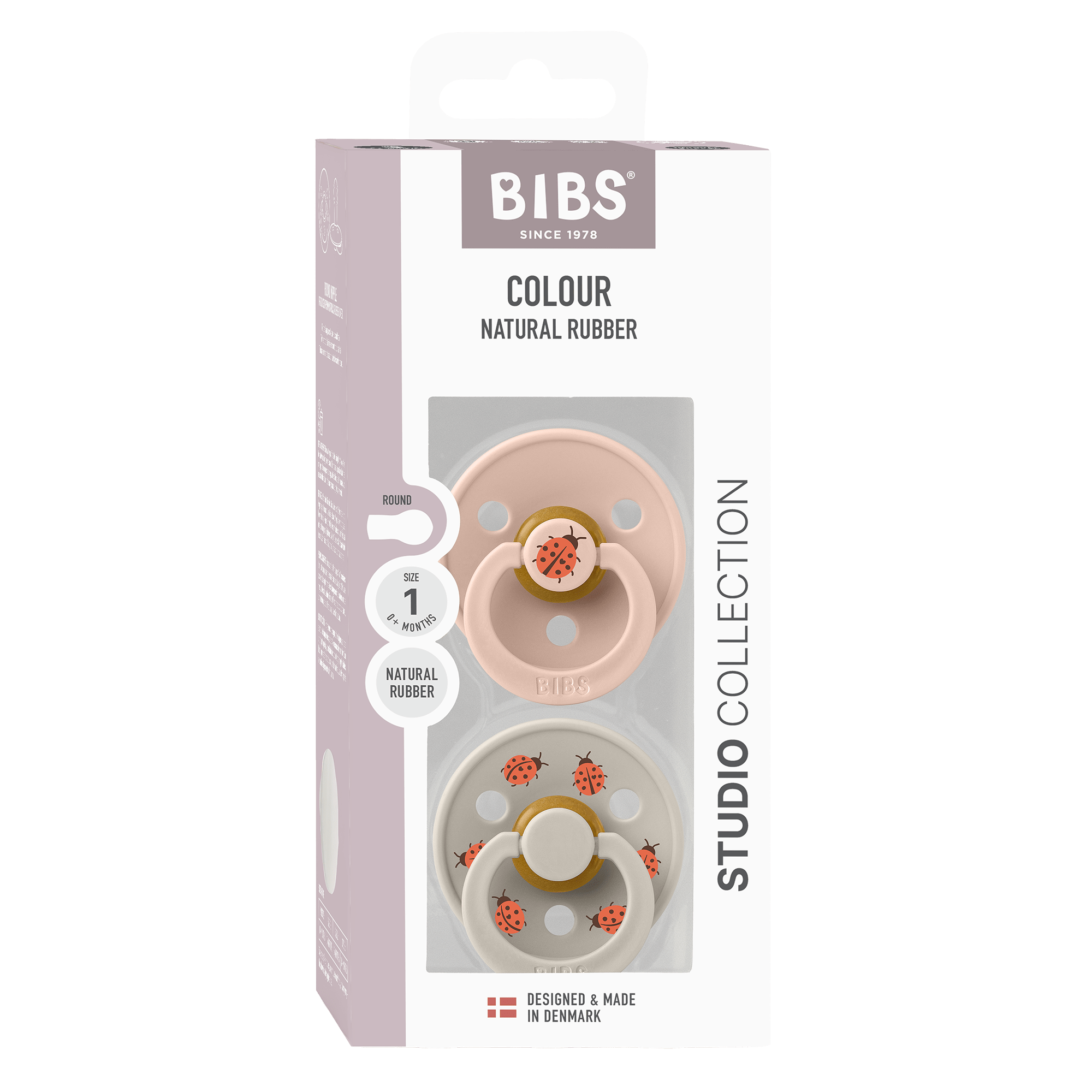 BIBS - Set 2 suzete Colour Studio Collection Ladybug Latex, tetina rotunda, 0 luni+-Blush Mix
