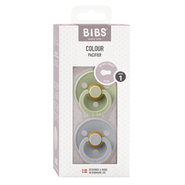 BIBS - Set 2 suzete Colour Latex, tetina rotunda, 0 luni +-Sage/Cloud
