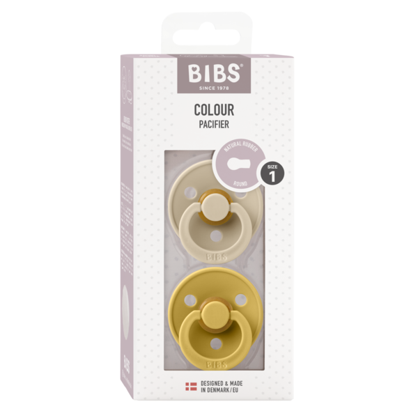 BIBS - Set 2 suzete Colour Latex, tetina rotunda, 0 luni +-Vanilla/Mustard