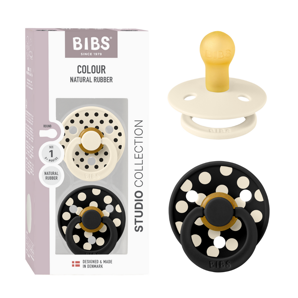 BIBS - Set 2 suzete Colour Studio Collection Polka Dots, tetina rotunda, 0 luni+-Ivory/Black