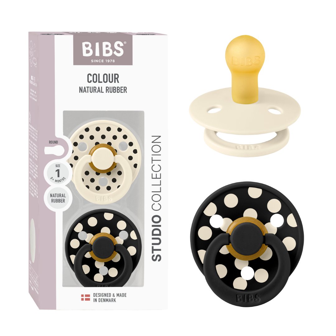 BIBS - Set 2 suzete Colour Studio Collection Polka Dots, tetina rotunda, 0 luni+-Ivory/Black