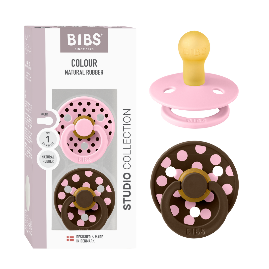 BIBS - Set 2 suzete Colour Studio Collection Polka Dots, tetina rotunda, 0 luni+-Baby Pink/Mocha