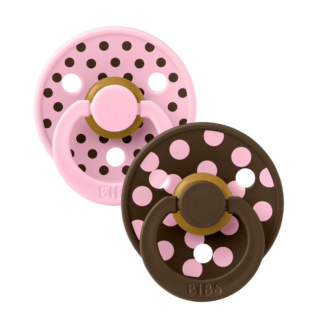 BIBS - Set 2 suzete Colour Studio Collection Polka Dots, tetina rotunda, 0 luni+-Baby Pink/Mocha