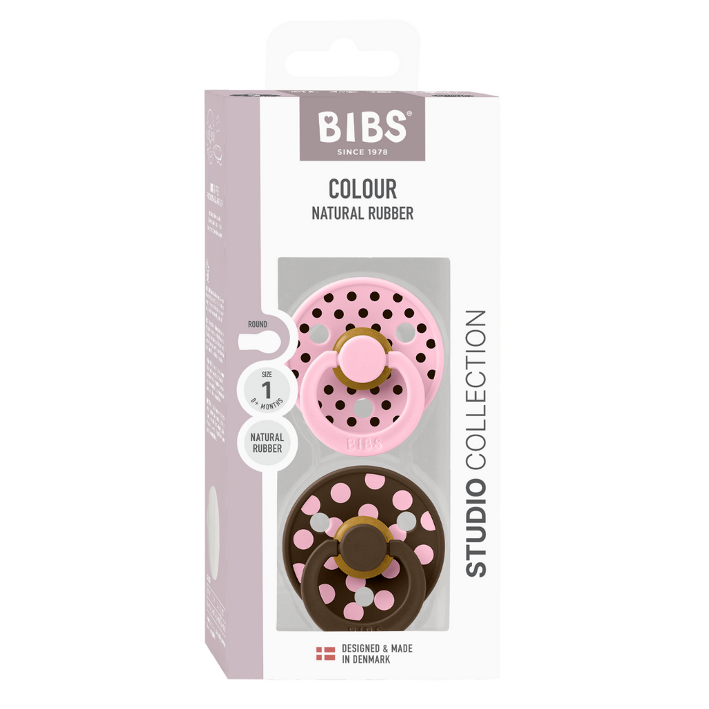 BIBS - Set 2 suzete Colour Studio Collection Polka Dots, tetina rotunda, 0 luni+-Baby Pink/Mocha