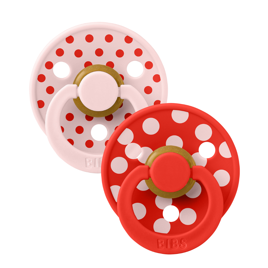 BIBS - Set 2 suzete Colour Studio Collection Polka Dots, tetina rotunda, 0 luni+-Blossom/Candy Apple
