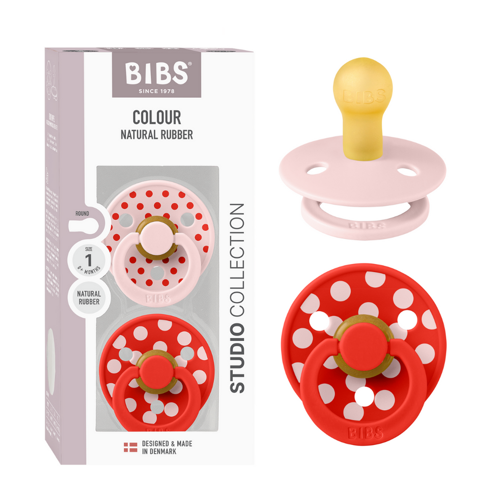 BIBS - Set 2 suzete Colour Studio Collection Polka Dots, tetina rotunda, 0 luni+-Blossom/Candy Apple