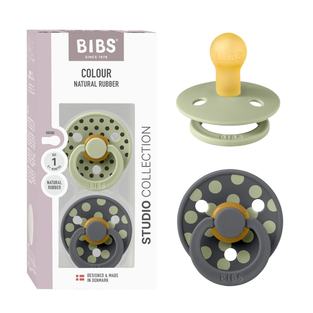 BIBS - Set 2 suzete Colour Studio Collection Polka Dots, tetina rotunda, 0 luni+-Sage/Iron