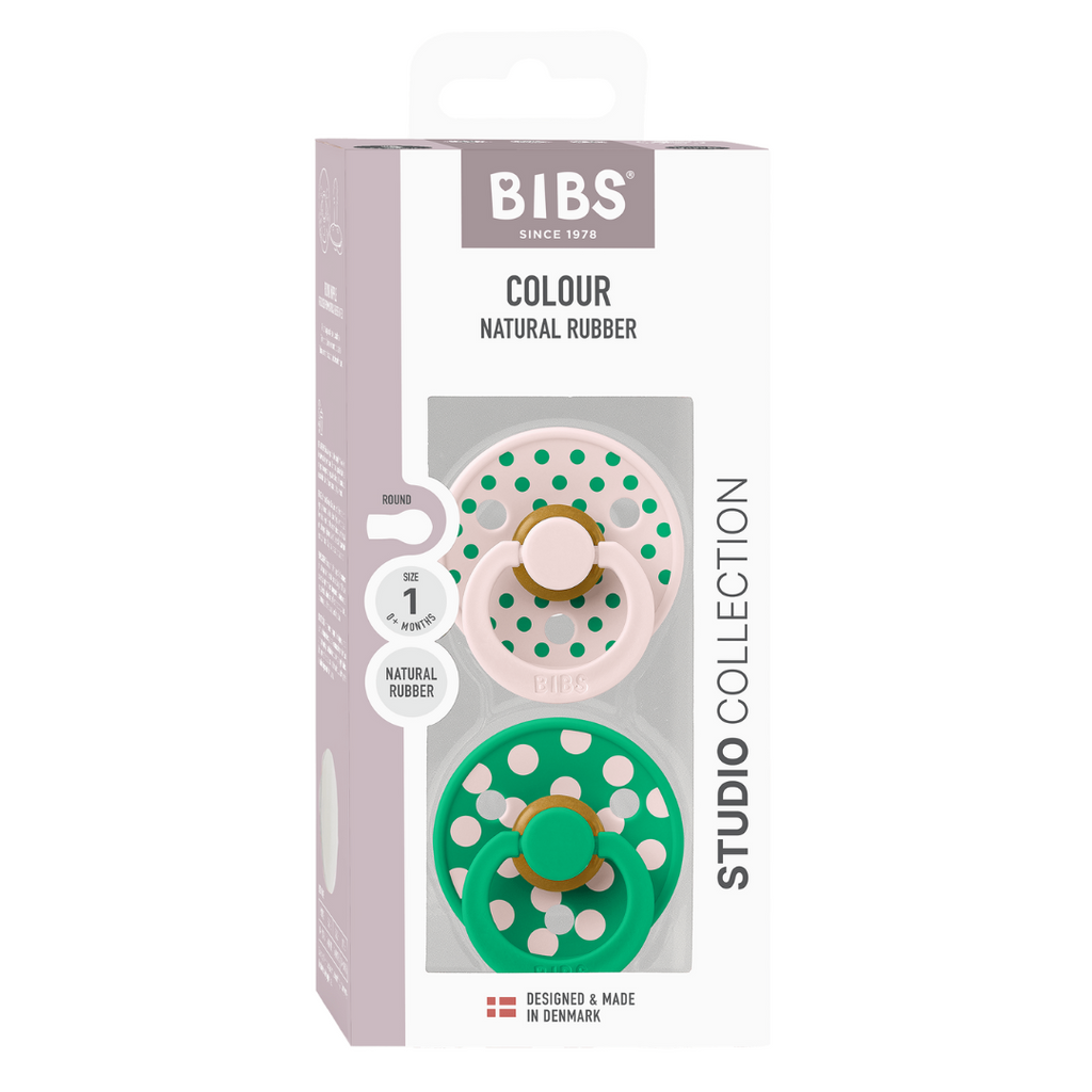 BIBS - Set 2 suzete Colour Studio Collection Polka Dots, tetina rotunda, 0 luni+-Petal/Cactus