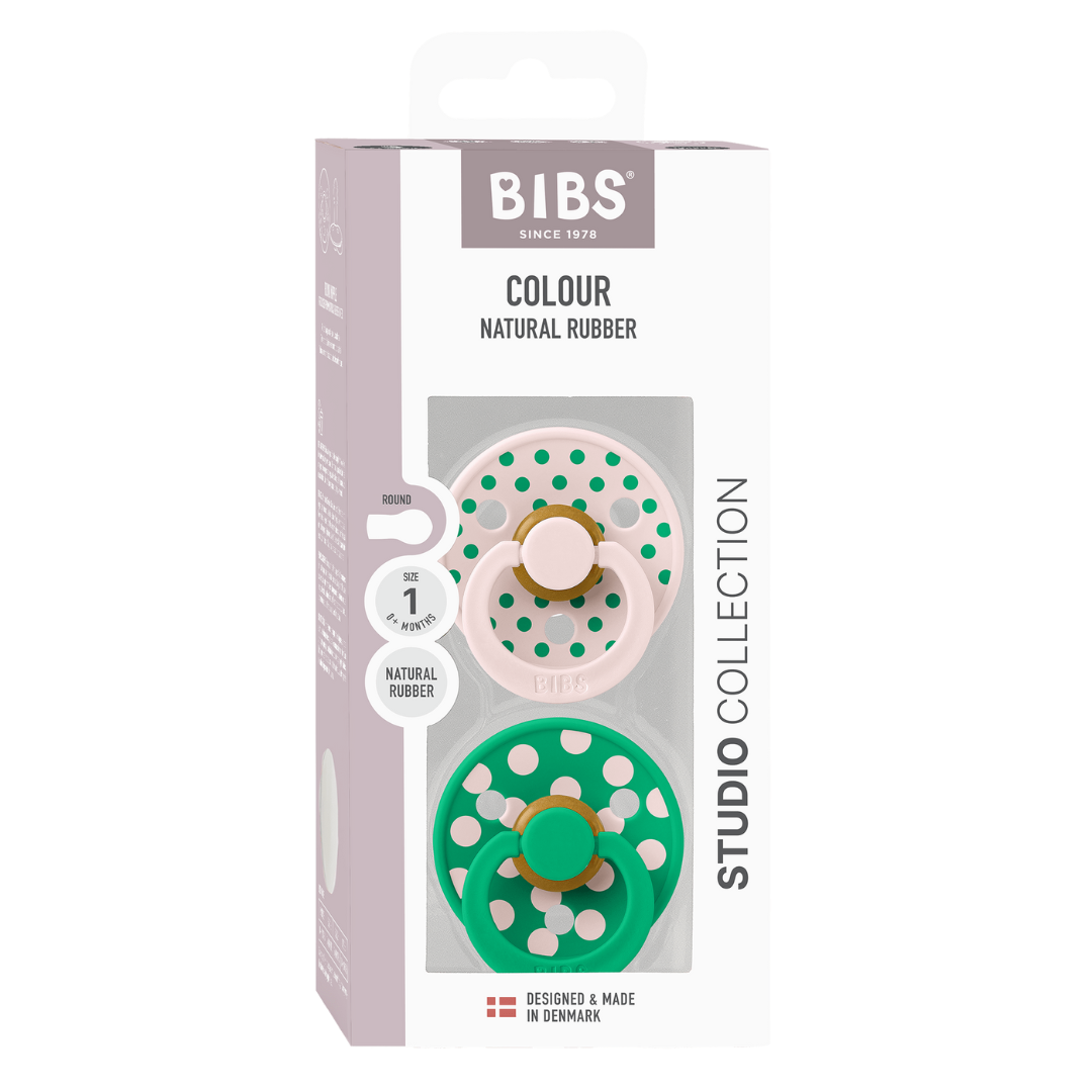 BIBS - Set 2 suzete Colour Studio Collection Polka Dots, tetina rotunda, 0 luni+-Petal/Cactus