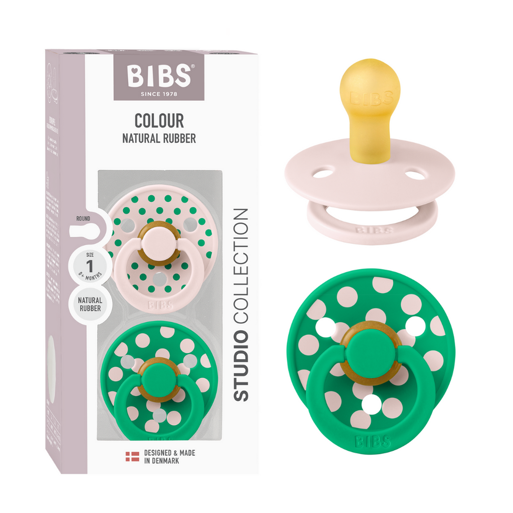 BIBS - Set 2 suzete Colour Studio Collection Polka Dots, tetina rotunda, 0 luni+-Petal/Cactus