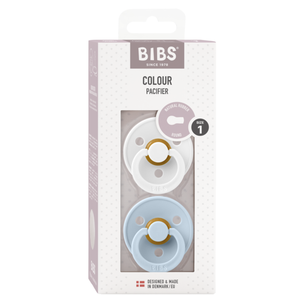 BIBS - Set 2 suzete Colour Latex, tetina rotunda, 0 luni +-White/Baby Blue