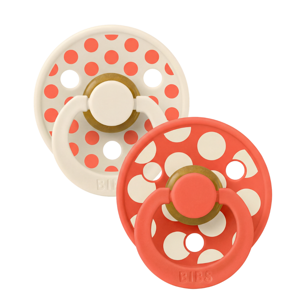 BIBS - Set 2 suzete Colour Studio Collection Polka Dots, tetina rotunda, 0 luni+-Ivory/Tango