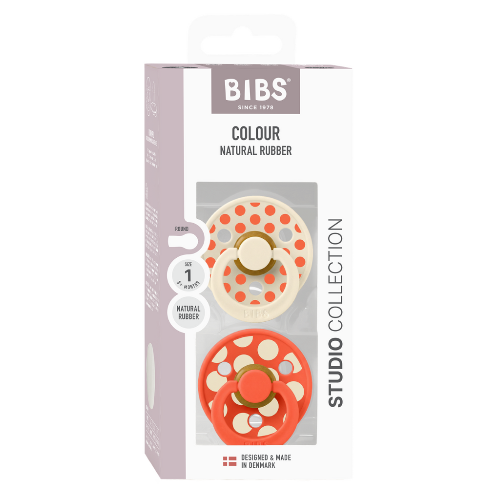 BIBS - Set 2 suzete Colour Studio Collection Polka Dots, tetina rotunda, 0 luni+-Ivory/Tango