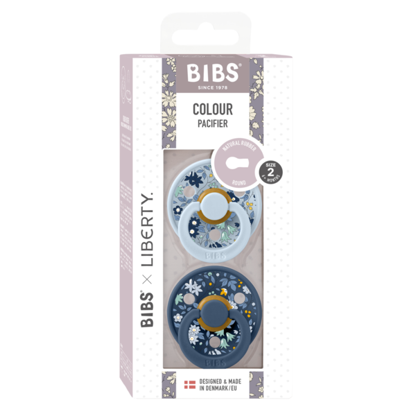 BIBS x LIBERTY - Set 2 suzete Colour Chamomile Lawn Latex, tetina rotunda, 6 luni+-Baby Blue/Steel Blue