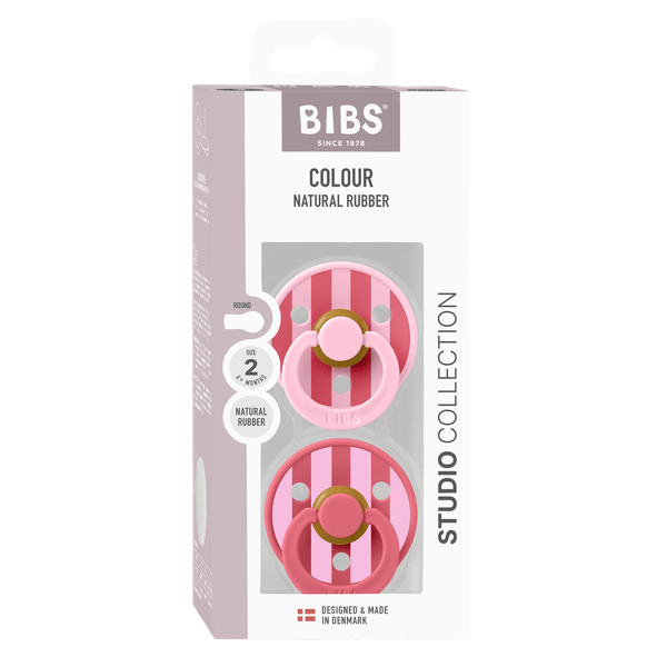 BIBS - Set 2 suzete Colour Studio Collection Stripe Latex, tetina rotunda, 6 luni+-Baby Pink