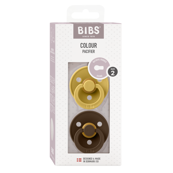 BIBS - Set 2 suzete Colour Latex, tetina rotunda, 6 luni +-Mustard/Mocha