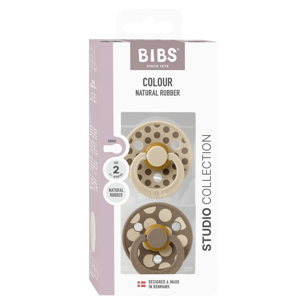 BIBS - Set 2 suzete Colour Studio Collection Polka Dots, tetina rotunda, 6 luni+-Vanilla/Dark Oak