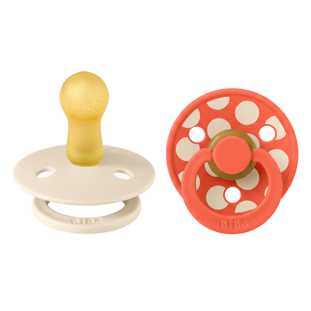 BIBS - Set 2 suzete Colour Studio Collection Polka Dots, tetina rotunda, 6 luni+-Ivory/Tango