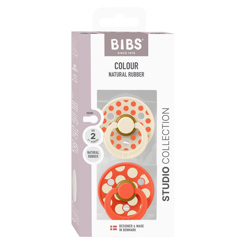 BIBS - Set 2 suzete Colour Studio Collection Polka Dots, tetina rotunda, 6 luni+-Ivory/Tango