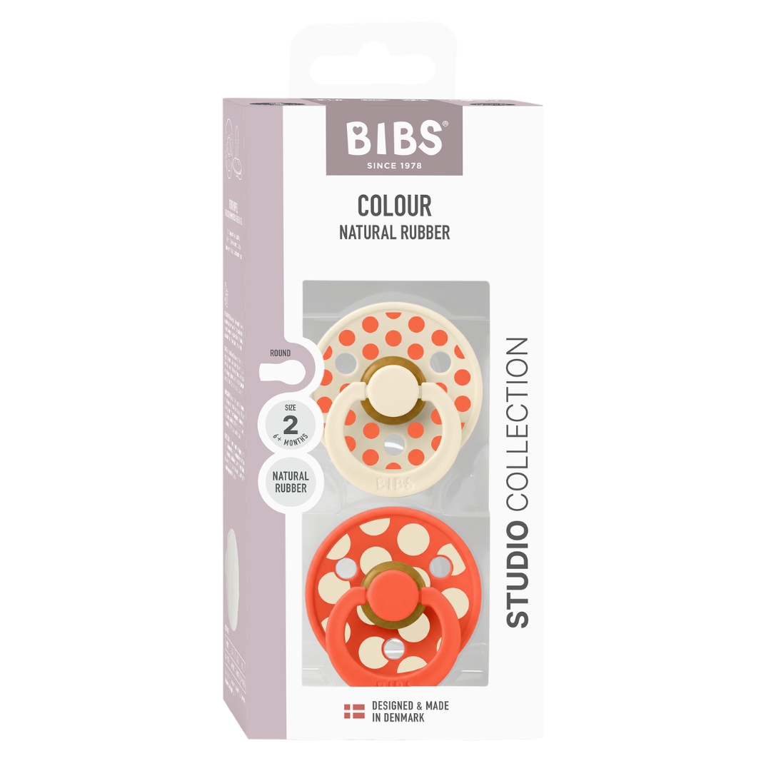 BIBS - Set 2 suzete Colour Studio Collection Polka Dots, tetina rotunda, 6 luni+-Ivory/Tango