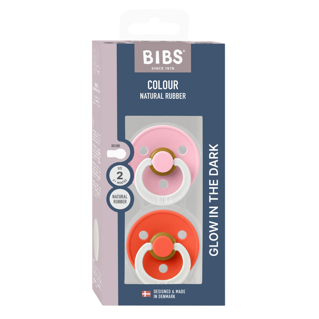 BIBS - Set 2 suzete fosforescente Colour Glow Latex, tetina rotunda, 6 luni +-Baby Pink/Tango
