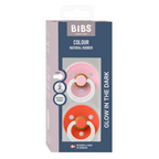 BIBS - Set 2 suzete fosforescente Colour Glow Latex, tetina rotunda, 6 luni +-Baby Pink/Tango