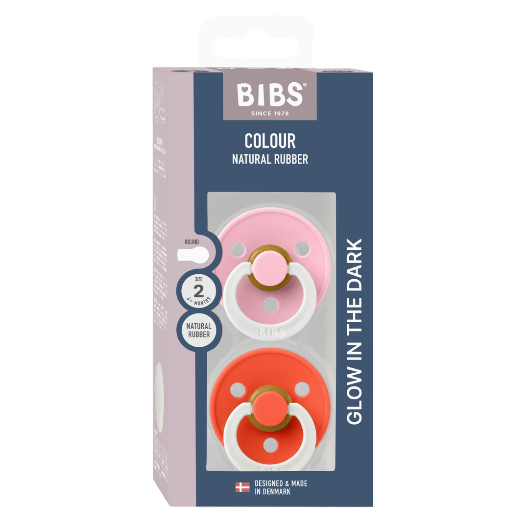 BIBS - Set 2 suzete fosforescente Colour Glow Latex, tetina rotunda, 6 luni +-Baby Pink/Tango