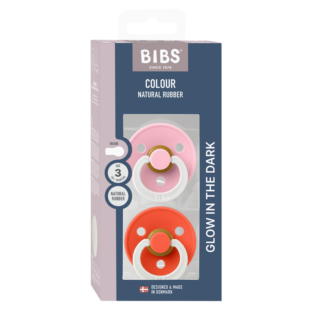 BIBS - Set 2 suzete fosforescente Colour Glow Latex, tetina rotunda, 18 luni +-Baby Pink/Tango