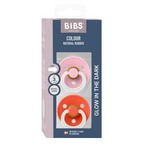 BIBS - Set 2 suzete fosforescente Colour Glow Latex, tetina rotunda, 18 luni +-Baby Pink/Tango