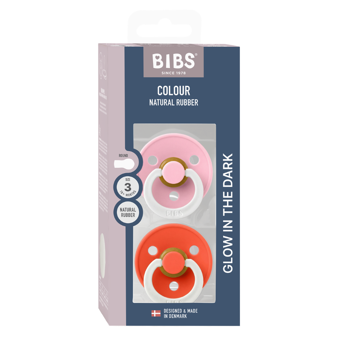 BIBS - Set 2 suzete fosforescente Colour Glow Latex, tetina rotunda, 18 luni +-Baby Pink/Tango