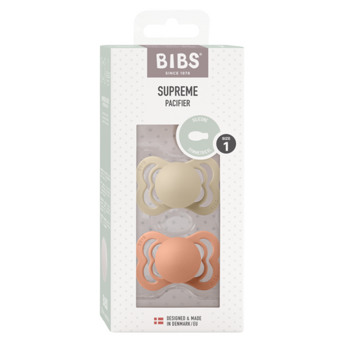 BIBS Set 2 suzete Supreme Silicon tetina simetrica 0 luni+ Vanilla/Peach silicon