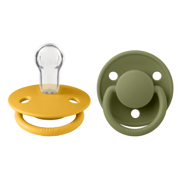 BIBS - Set 2 suzete De Lux Silicon, tetina rotunda, marime universala-Honey Bee/Olive