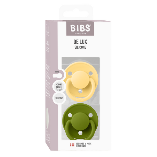 BIBS Set 2 suzete De Lux Silicon tetina rotunda marime universala Pale Butter Wasabi 0-3 ani