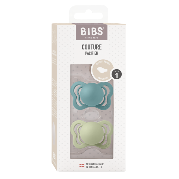 BIBS - Set 2 suzete Couture Latex, tetina anatomica, 0 luni +-Island Sea/Sage