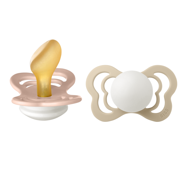 BIBS - Set 2 suzete Fosforescente Couture Glow Latex, tetina anatomica, 6 luni +-Blush/Vanilla