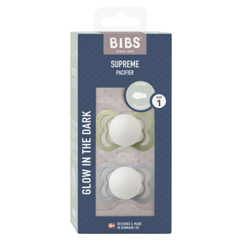 BIBS Set 2 suzete Supreme Fosforescente GLOW Silicon tetina simetrica 0 luni + Sage/Cloud