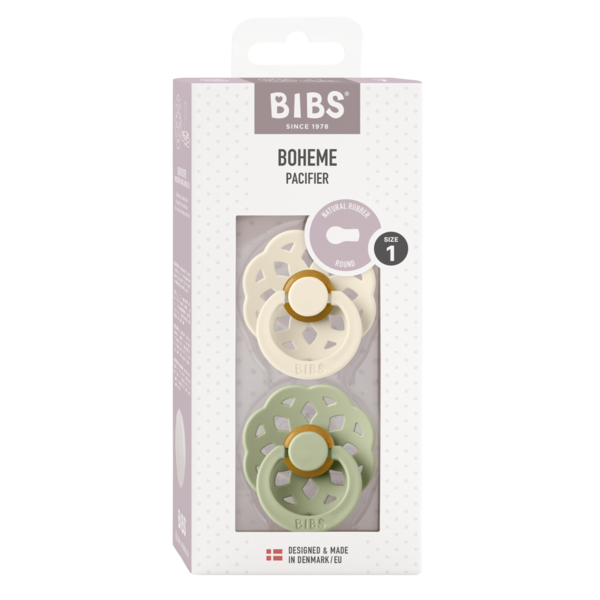 BIBS - Set 2 suzete Boheme Latex, tetina rotunda, 0 luni +-Ivory/Sage