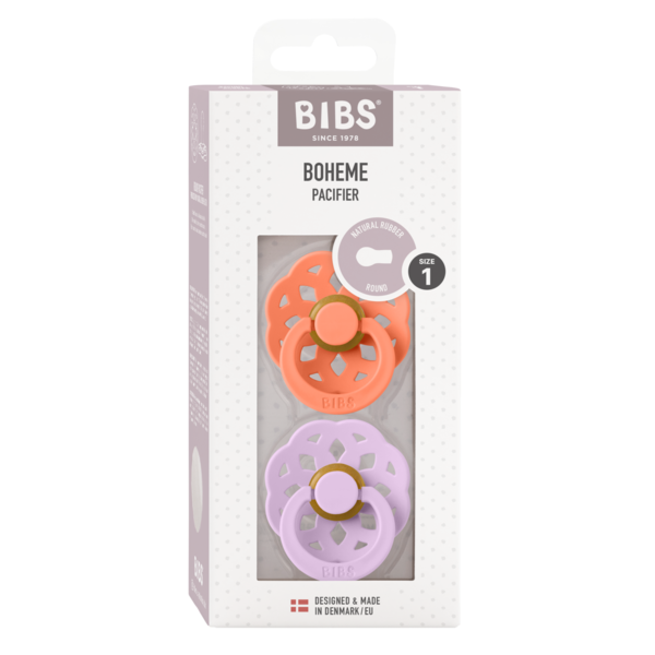 BIBS - Set 2 suzete Boheme Latex, tetina rotunda, 0 luni +-Papaya/Violet Sky