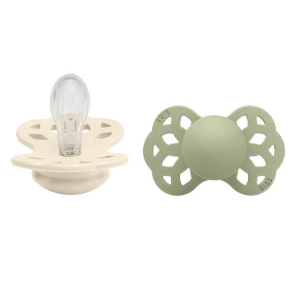 BIBS - Set 2 suzete Infinity Silicon, tetina simetrica, 0 luni +-Ivory/Sage