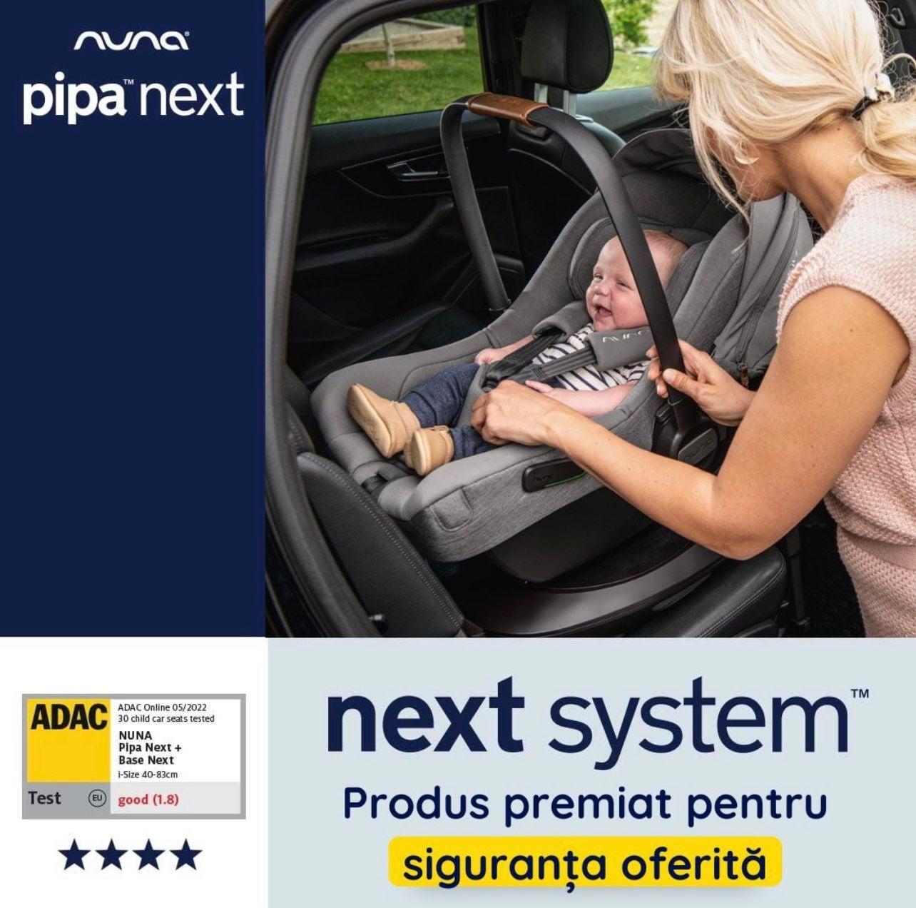 Nuna - Scoica auto i-Size Pipa Next Caviar, nastere - 83 cm, testata ADAC
