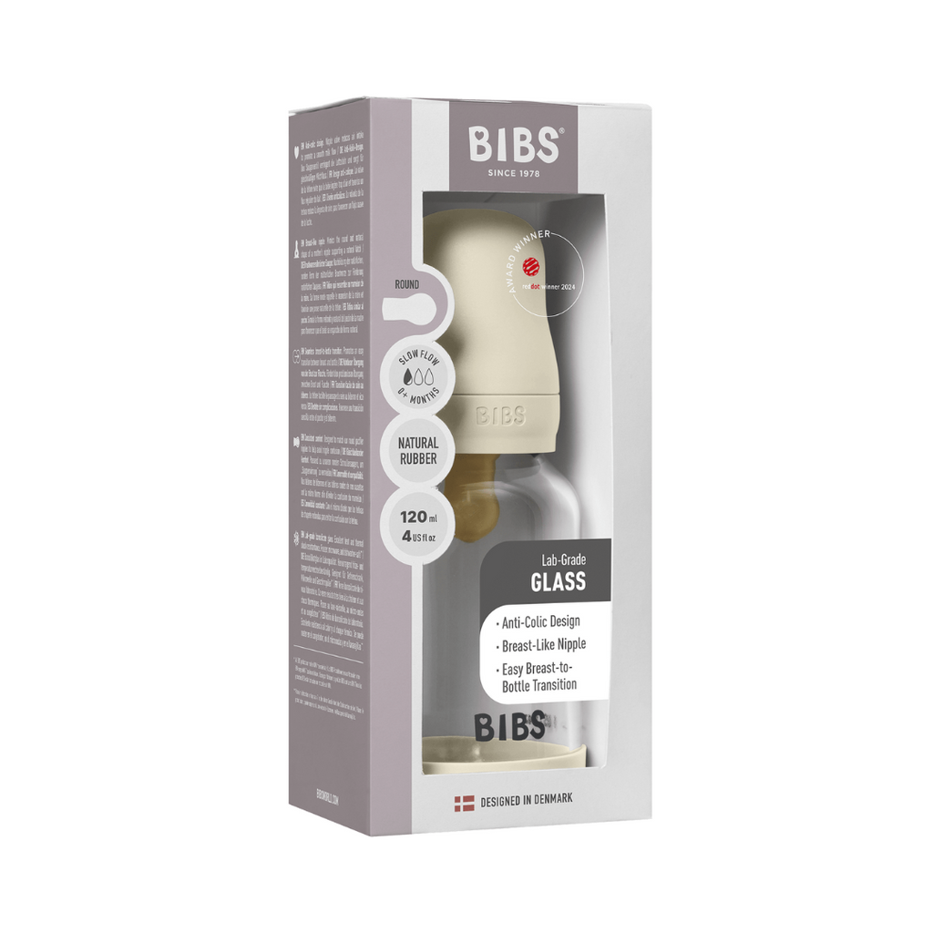 BIBS - Set complet biberon din sticla anticolici cu tetina din latex, flux lent, 120 ml, Ivory