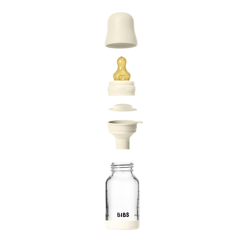 BIBS - Set complet biberon din sticla anticolici cu tetina din latex, flux lent, 120 ml, Ivory