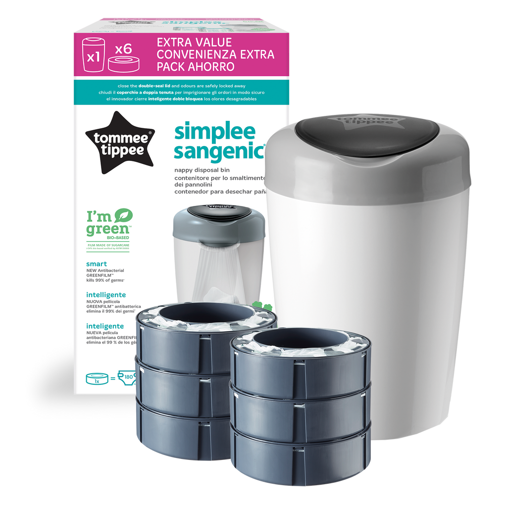 Pachet Cos pentru scutece + 6 Rezerve Tommee Tippee Sangenic Simplee Reciclabil, Alb / Gri