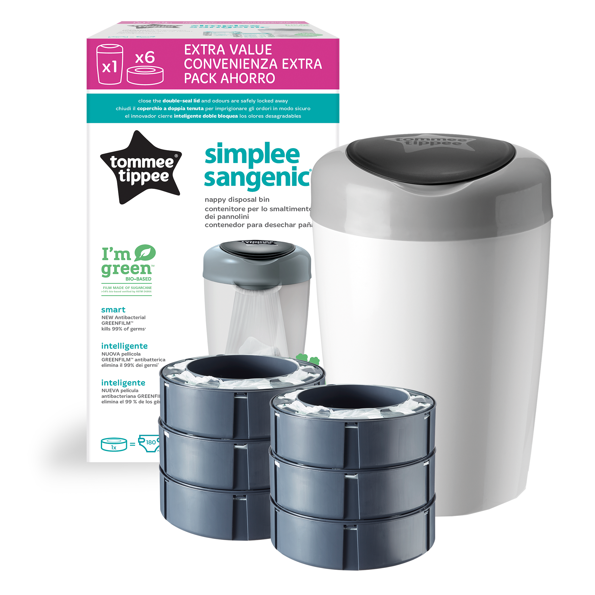 Pachet Cos pentru scutece + 6 Rezerve Tommee Tippee Sangenic Simplee Reciclabil, Alb / Gri