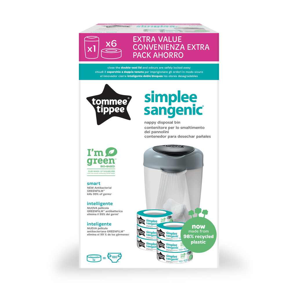 Pachet Cos pentru scutece + 6 Rezerve Tommee Tippee Sangenic Simplee Reciclabil, Alb / Gri