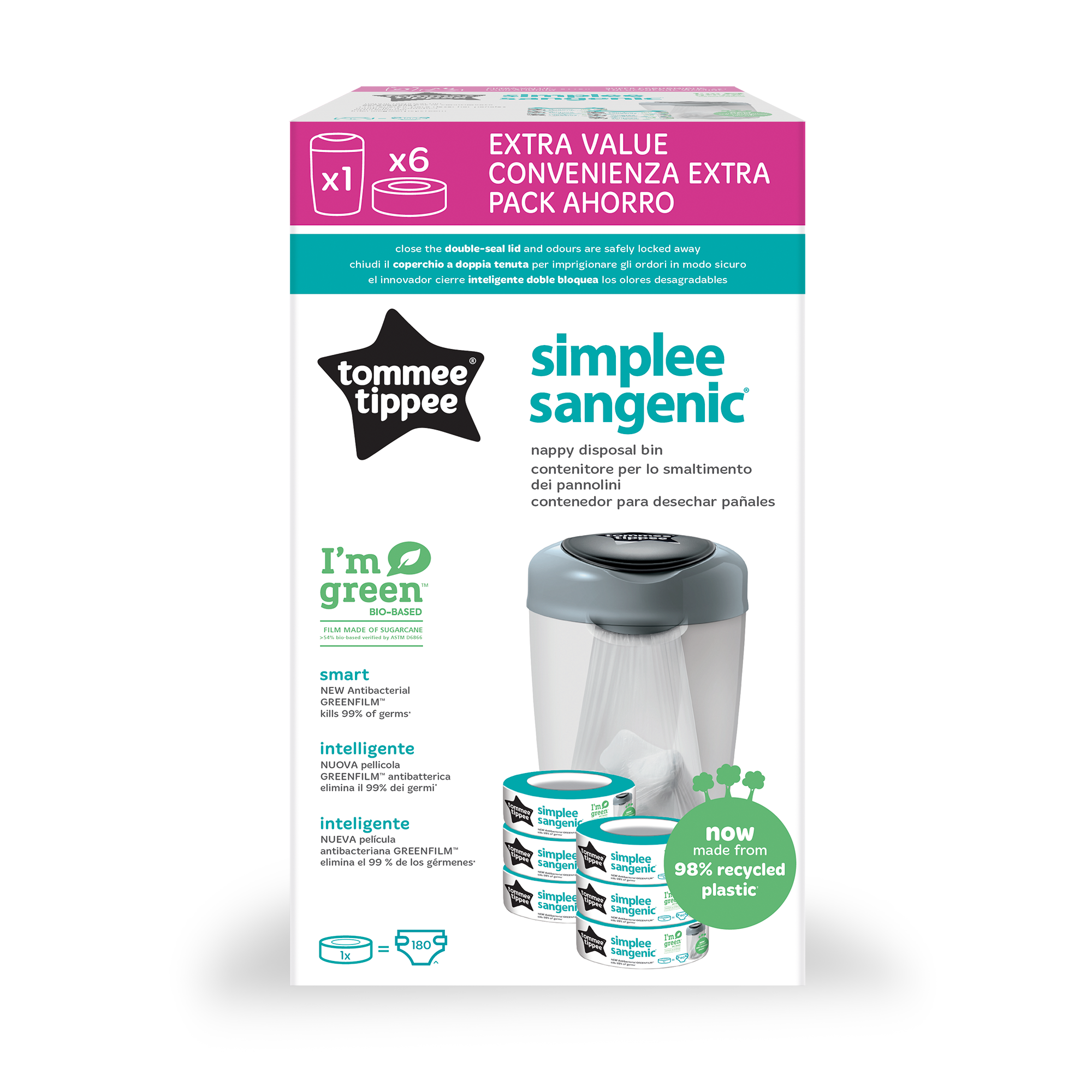 Pachet Cos pentru scutece + 6 Rezerve Tommee Tippee Sangenic Simplee Reciclabil, Alb / Gri