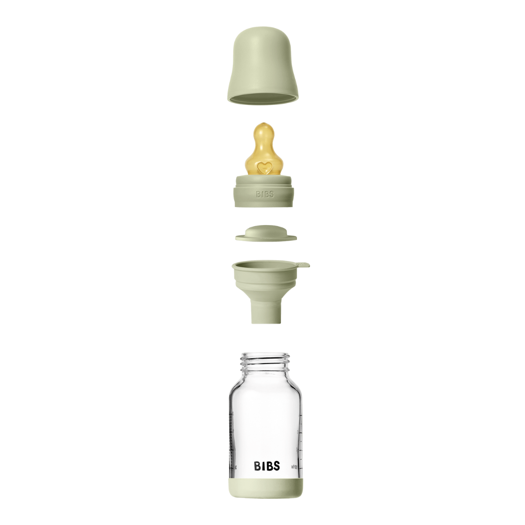 BIBS - Set complet biberon din sticla anticolici cu tetina din latex, flux lent, 120 ml, Sage