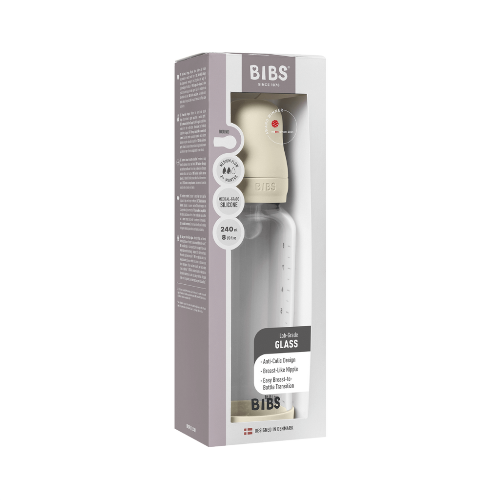 BIBS - Set complet biberon din sticla anticolici cu tetina din silicon, flux mediu, 240 ml, Ivory