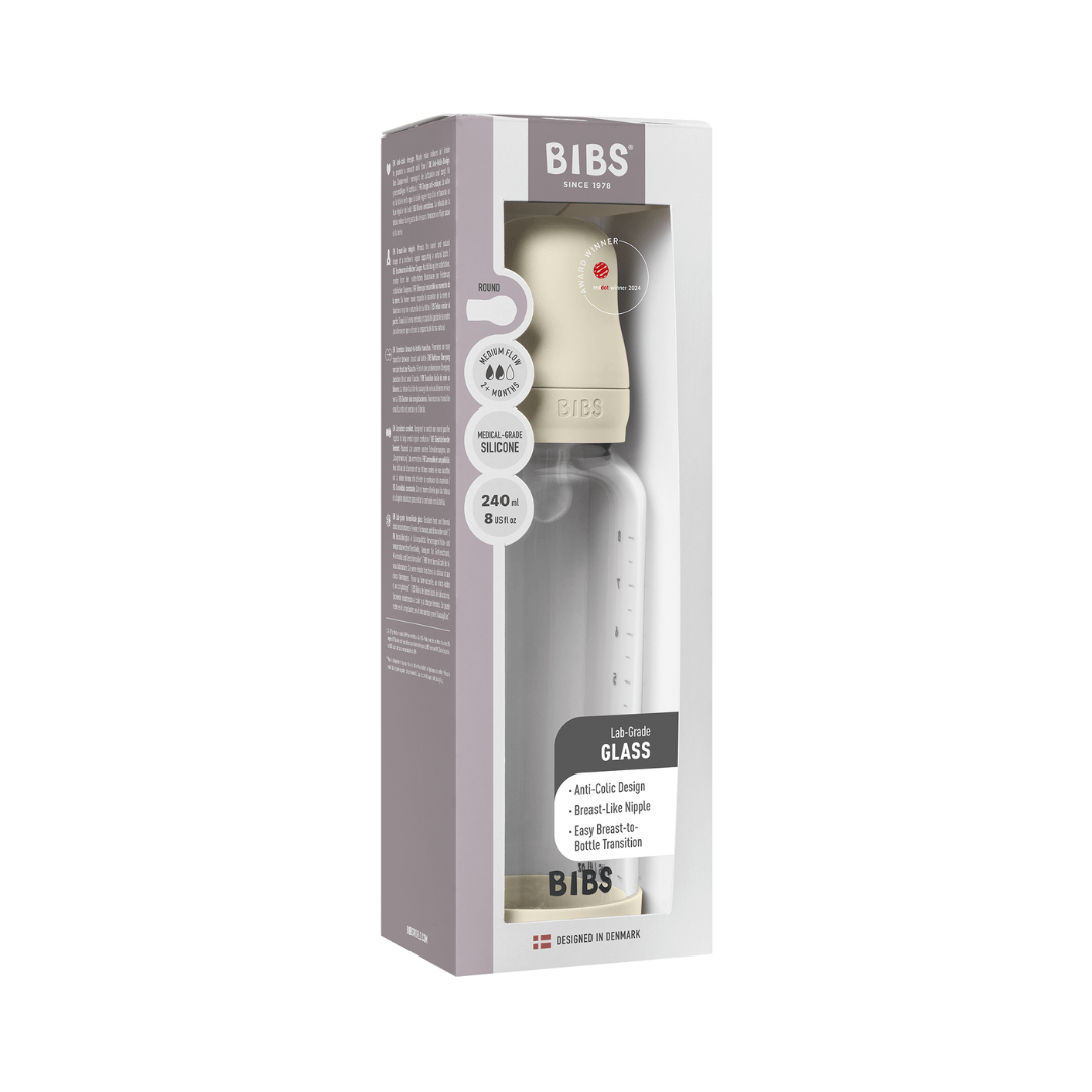 BIBS - Set complet biberon din sticla anticolici cu tetina din silicon, flux mediu, 240 ml, Ivory