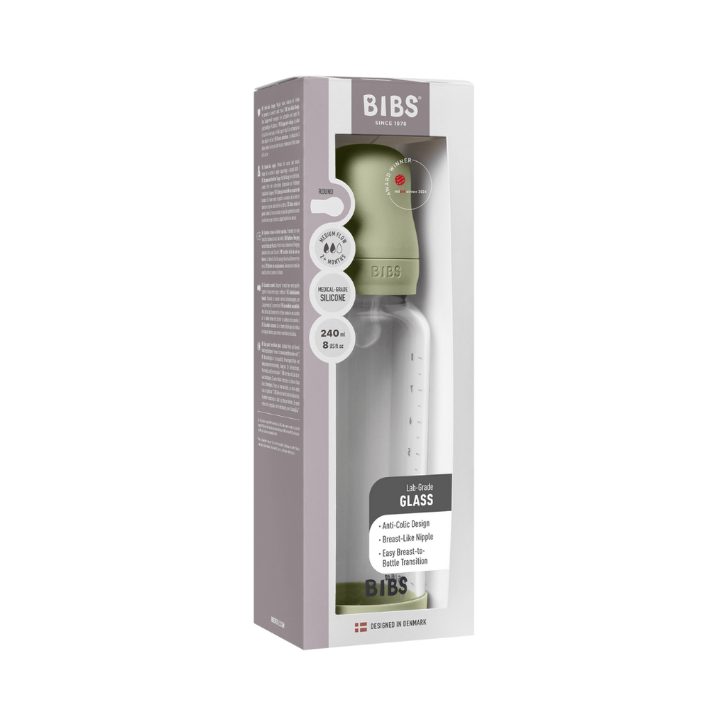BIBS - Set complet biberon din sticla anticolici cu tetina din silicon, flux mediu, 240 ml, Sage